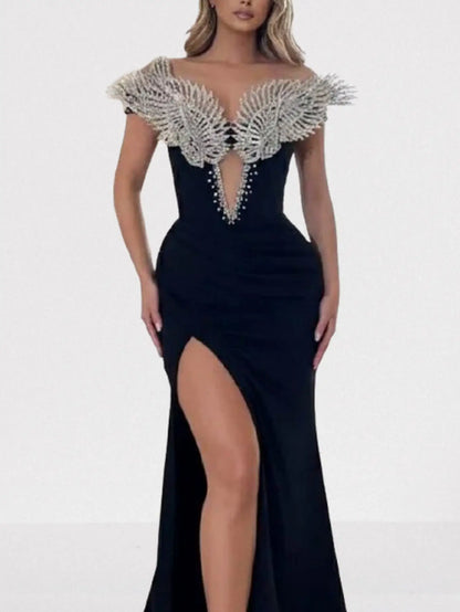 Crystal-Wing Off-Shoulder Black Velvet Gown - Dresses