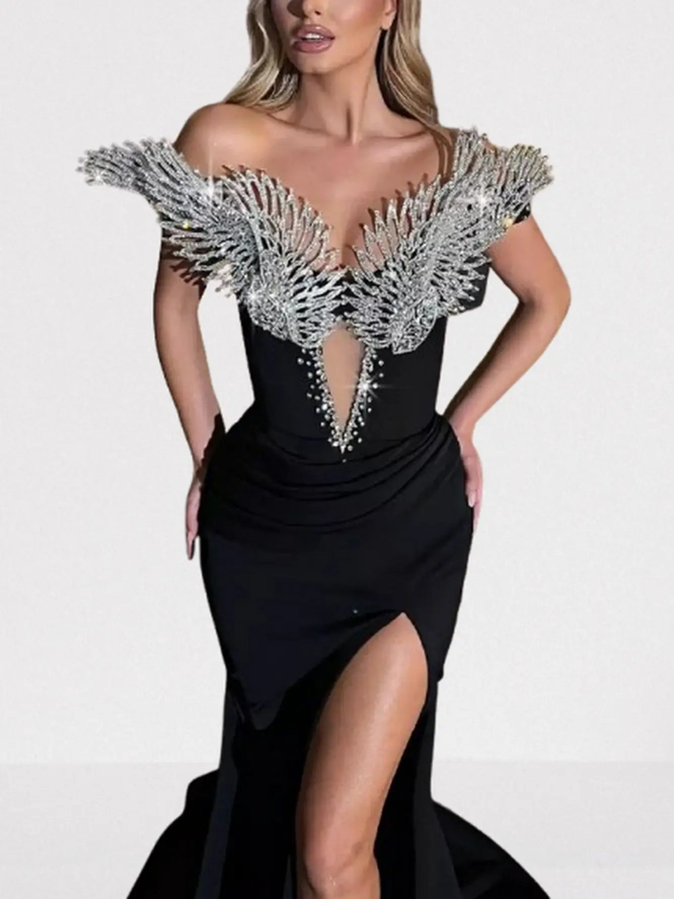 Crystal-Wing Off-Shoulder Black Velvet Gown - Dresses