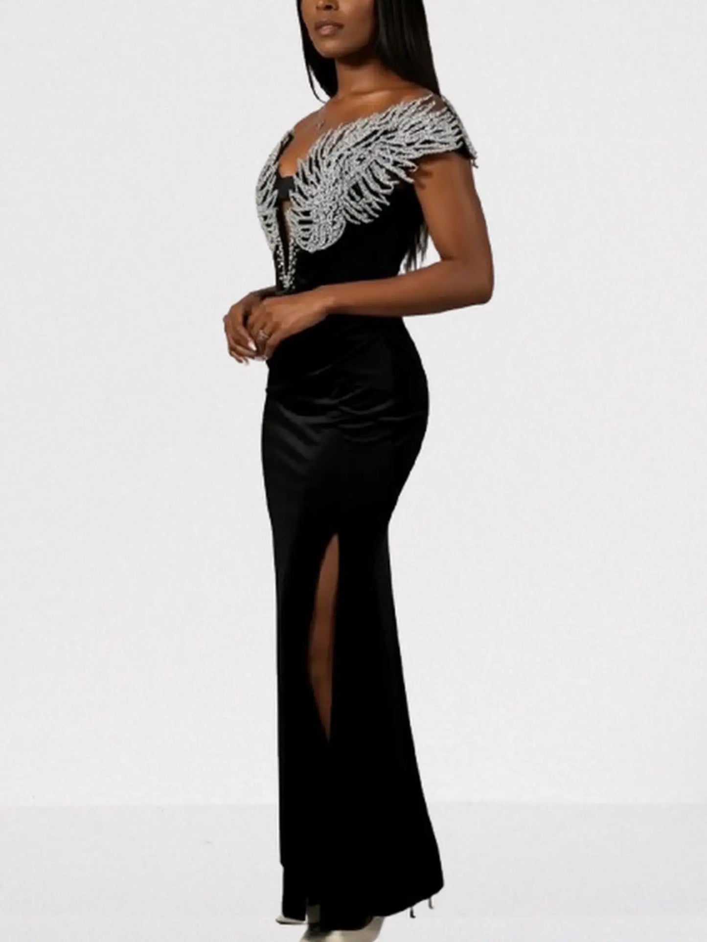 Crystal-Wing Off-Shoulder Black Velvet Gown - Dresses