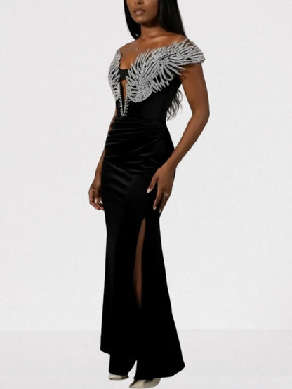Crystal-Wing Off-Shoulder Black Velvet Gown - Dresses