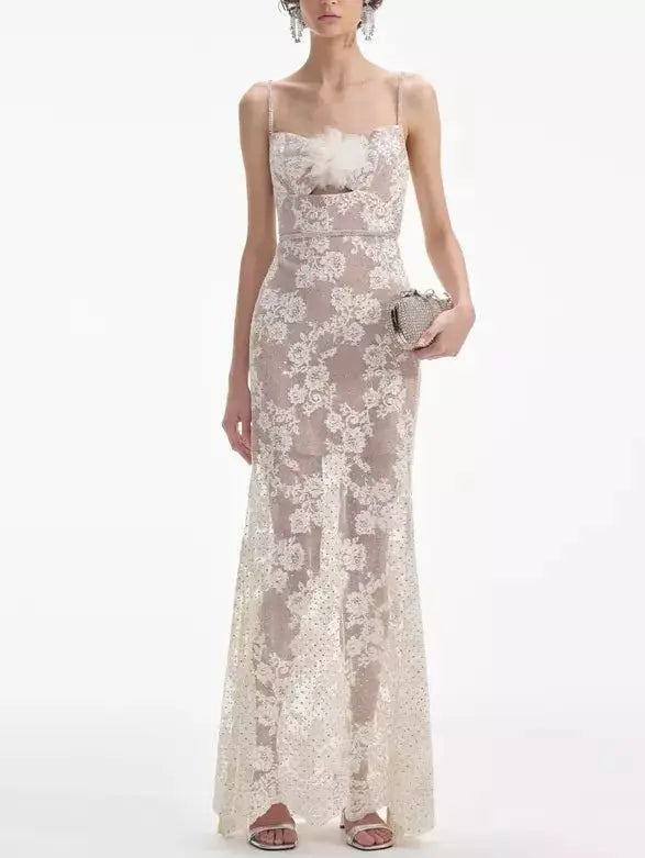 Crystal and Lace Maxi Dress with Flower Applique - Branna Couture