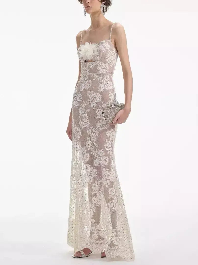 Crystal and Lace Maxi Dress with Flower Applique - Branna Couture