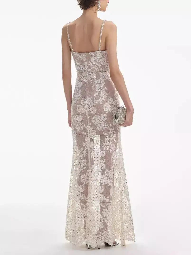 Crystal and Lace Maxi Dress with Flower Applique - Branna Couture