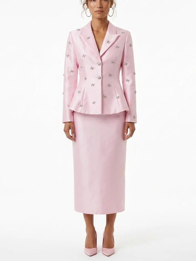 Crystal Bow Embellished Blazer and Skirt Set - Small - Suits & Sets