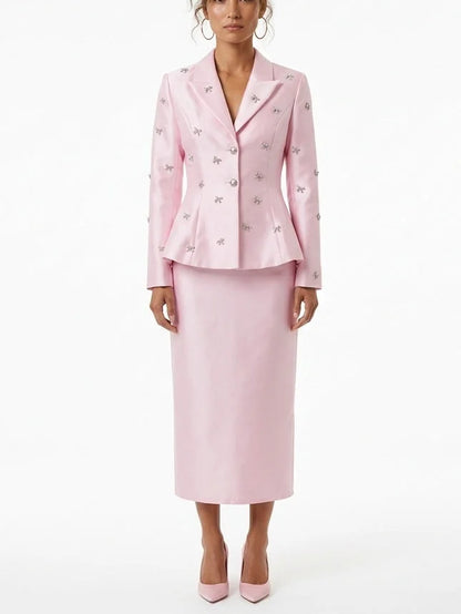 Crystal Bow Embellished Blazer and Skirt Set - Small - Suits & Sets
