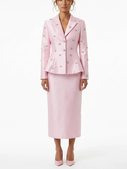 Crystal Bow Embellished Blazer and Skirt Set - Small - Suits & Sets