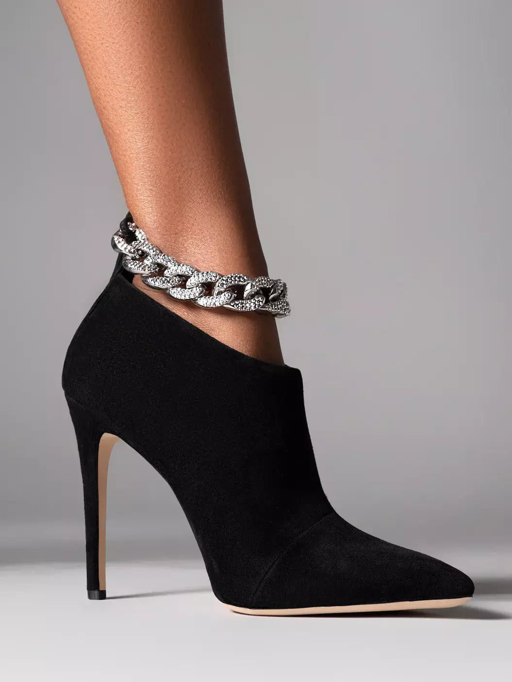 Women’s Crystal Chain High-Heel Suede Ankle Boots in Black Branna Couture