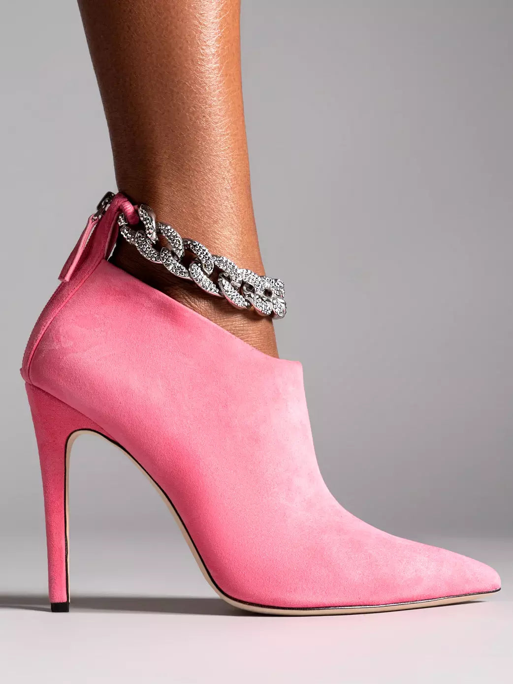 Women’s Crystal Chain High-Heel Suede Ankle Boots in Pink Branna Couture