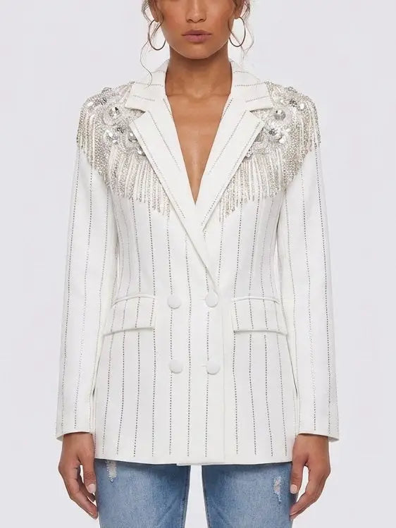 Crystal Embellished Double-Breasted Pinstripe Blazer - M / White - Jackets