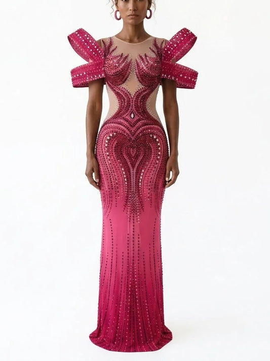 Crystal Embellished Gown with Sculptural Sleeves - S - Dresses