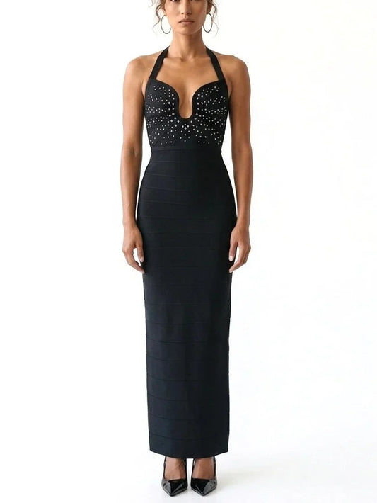 Crystal Embellished Halter Neck Black Maxi Dress - S - Dresses