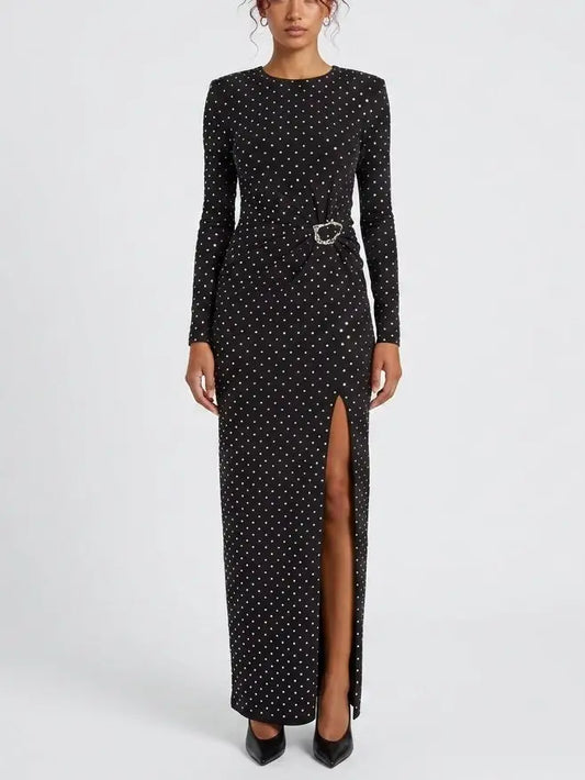 Crystal Embellished Long Sleeve Black Maxi Dress - S - Dresses