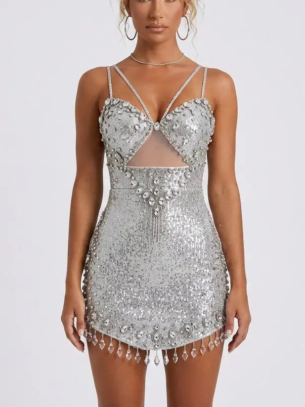 Crystal Embellished Mini Dress with Chandelier Fringe - Small - Dresses