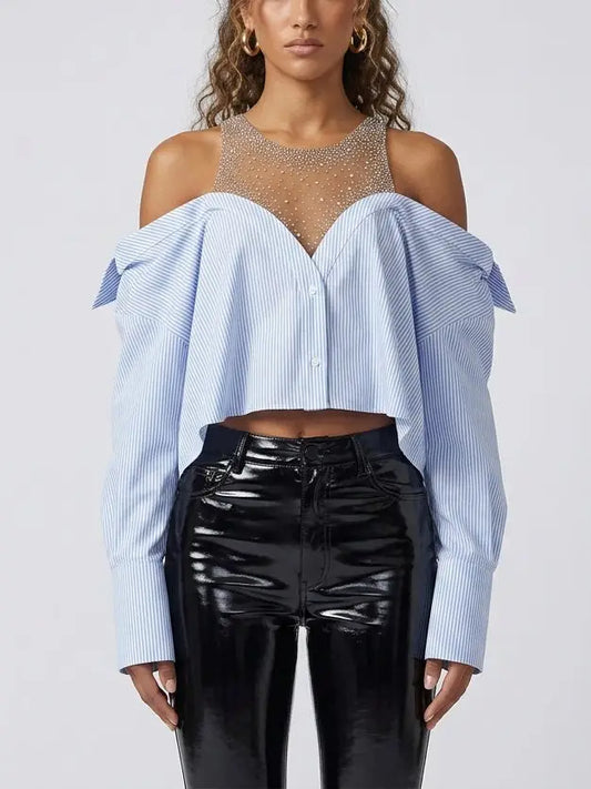 Crystal Embellished Off-Shoulder Striped Shirt - Small - Tops