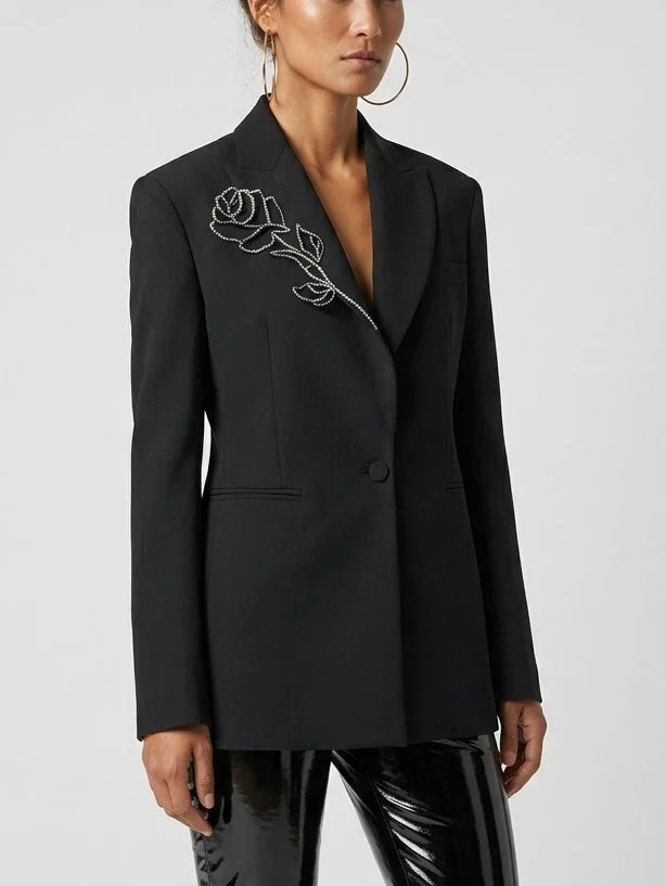 Crystal Rose Embellished Black Blazer - Small - Jackets