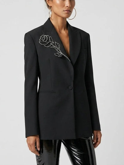 Crystal Rose Embellished Black Blazer - Small - Jackets