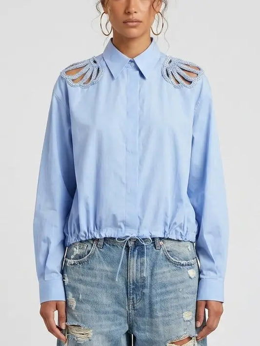 Crystal Embellished Cut-Out White Blouse - Small - Tops
