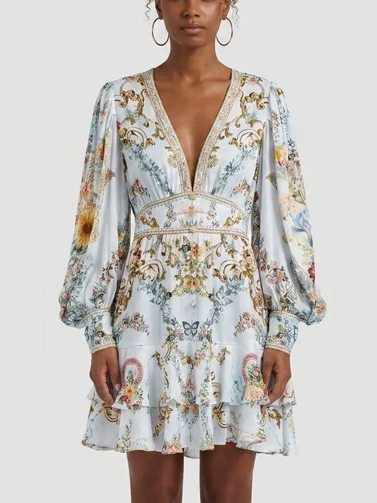 Crystal Trim Floral Silk Mini Dress with Tiered Hem - S - Dresses