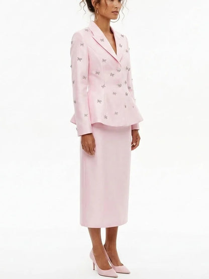 Crystal Bow Embellished Blazer and Skirt Set - Suits & Sets