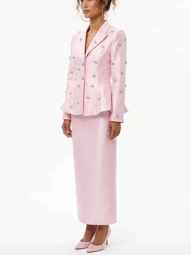 Crystal Bow Embellished Blazer and Skirt Set - Suits & Sets