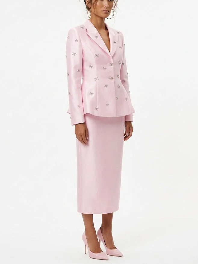 Crystal Bow Embellished Blazer and Skirt Set - Suits & Sets