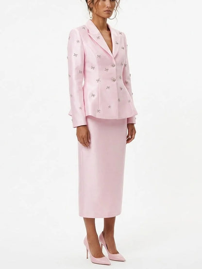 Crystal Bow Embellished Blazer and Skirt Set - Suits & Sets