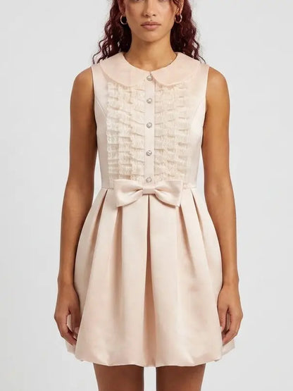 Crystal Button Lace Ruffle Mini Dress - Dresses