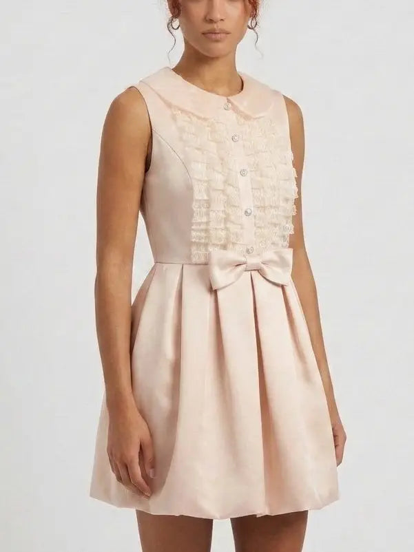 Crystal Button Lace Ruffle Mini Dress - Dresses