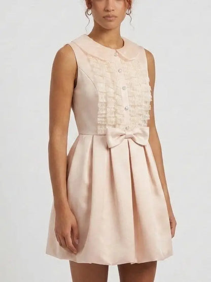 Crystal Button Lace Ruffle Mini Dress - Dresses