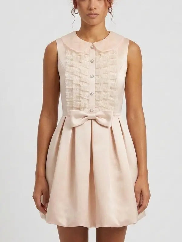 Crystal Button Lace Ruffle Mini Dress - Dresses