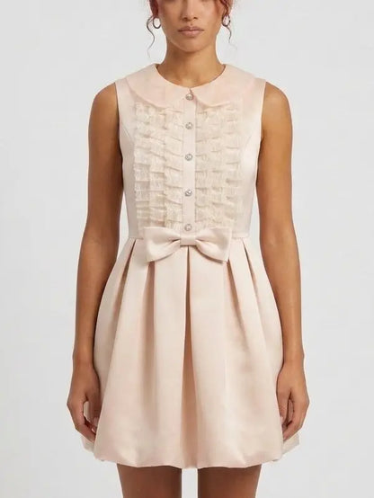Crystal Button Lace Ruffle Mini Dress - Dresses
