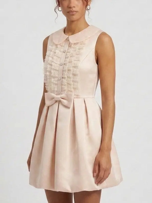 Crystal Button Lace Ruffle Mini Dress - Dresses