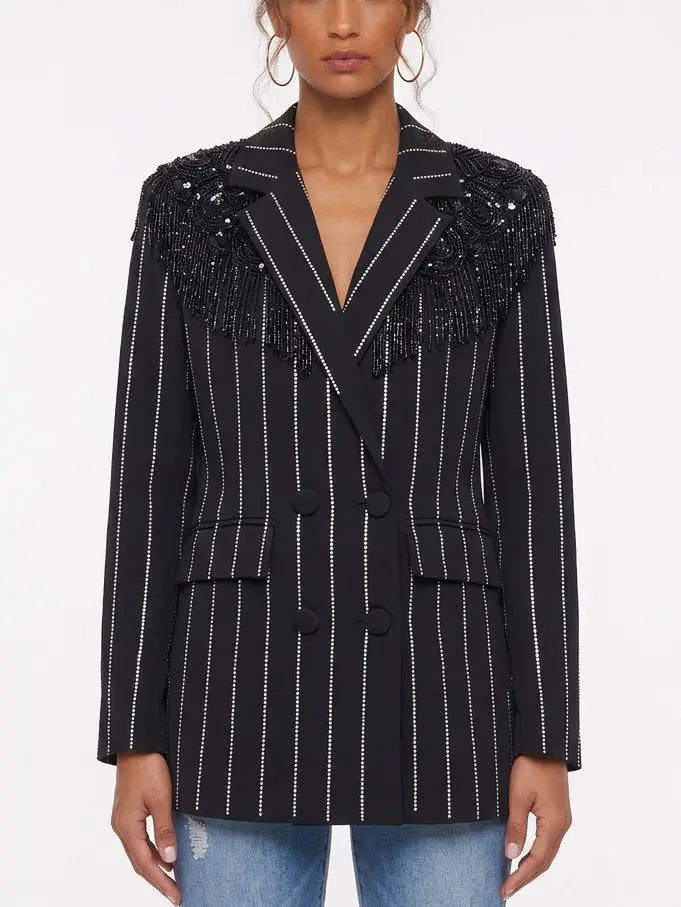 Crystal Embellished Double-Breasted Pinstripe Blazer - M / Black - Jackets