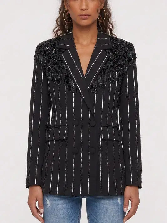 Crystal Embellished Double-Breasted Pinstripe Blazer - Jackets