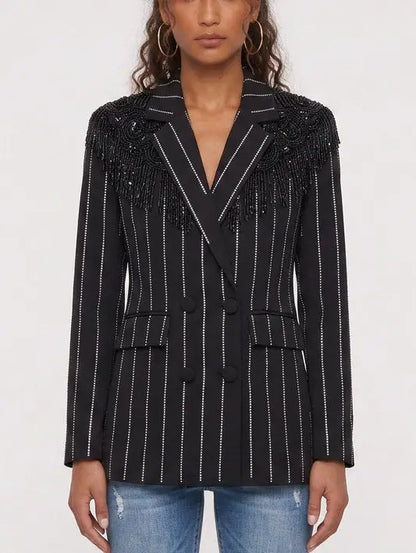 Crystal Embellished Double-Breasted Pinstripe Blazer - Jackets