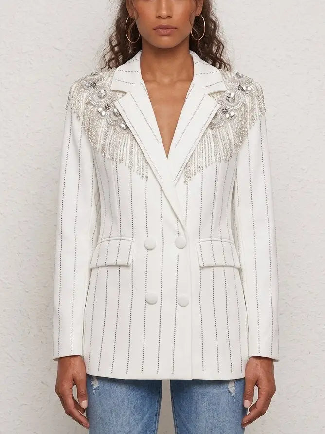 Crystal Embellished Double-Breasted Pinstripe Blazer - Jackets