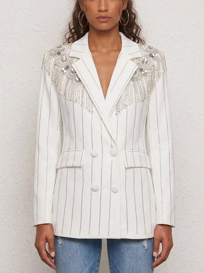 Crystal Embellished Double-Breasted Pinstripe Blazer - Jackets