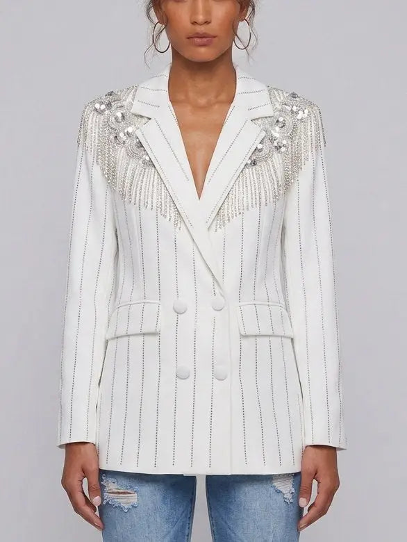 Crystal Embellished Double-Breasted Pinstripe Blazer - Jackets