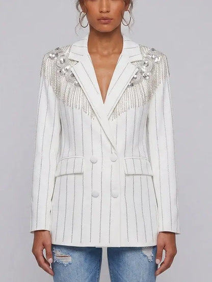 Crystal Embellished Double-Breasted Pinstripe Blazer - Jackets