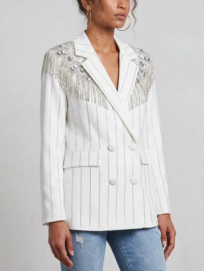 Crystal Embellished Double-Breasted Pinstripe Blazer - Jackets