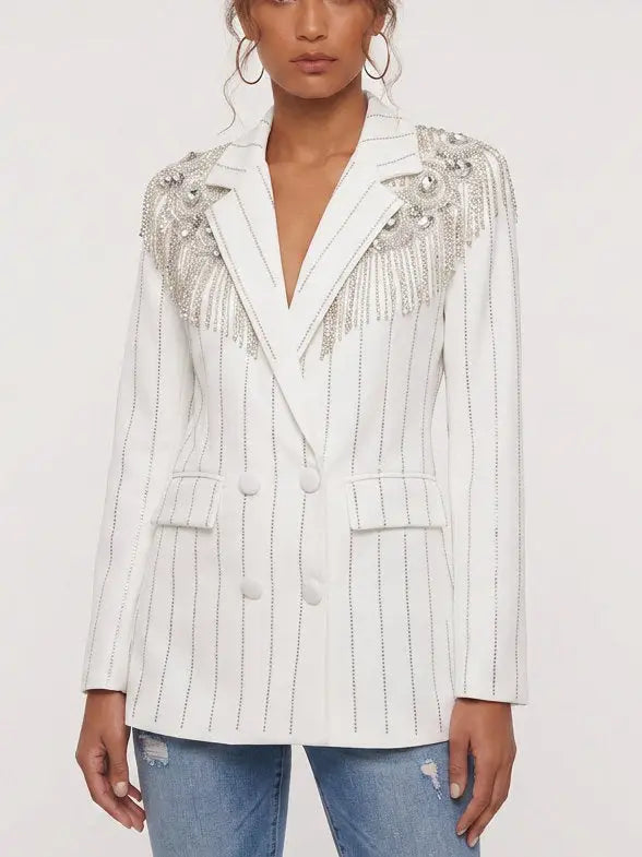 Crystal Embellished Double-Breasted Pinstripe Blazer - Jackets