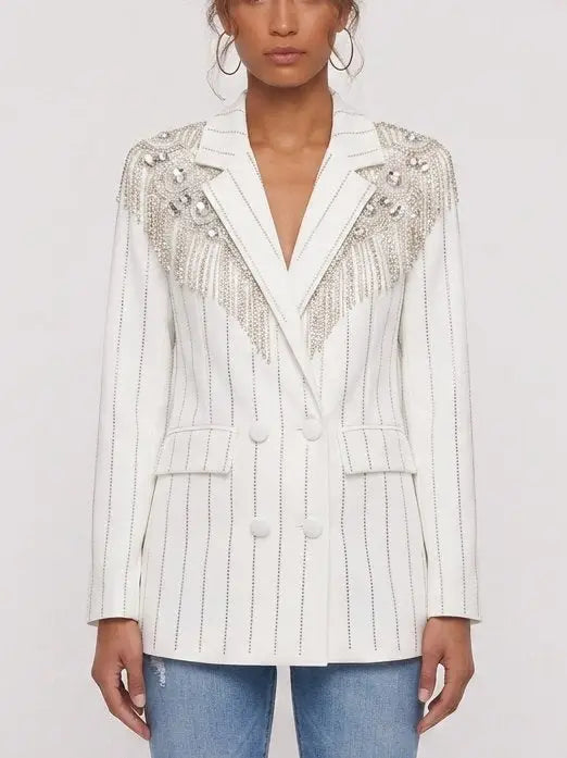 Crystal Embellished Double-Breasted Pinstripe Blazer - Jackets