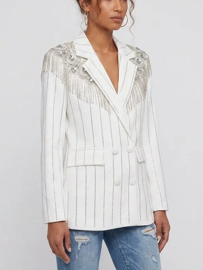 Crystal Embellished Double-Breasted Pinstripe Blazer - Jackets