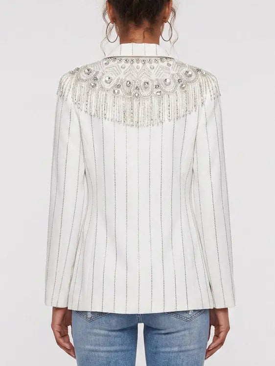 Crystal Embellished Double-Breasted Pinstripe Blazer - Jackets