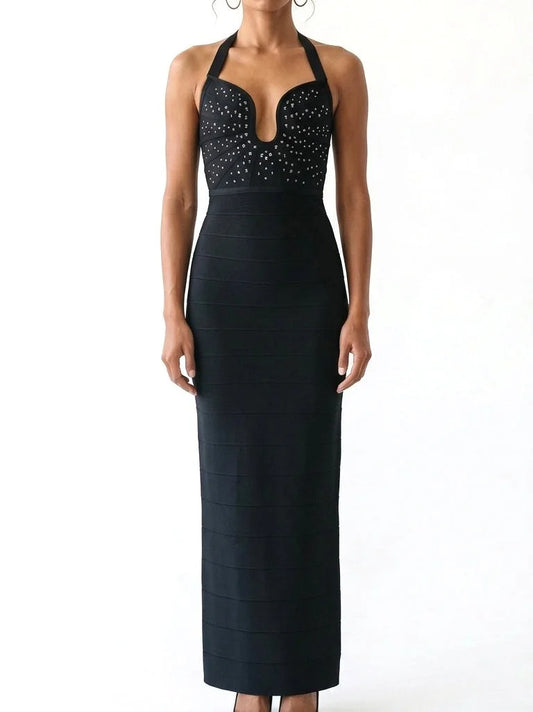 Crystal Embellished Halter Neck Black Maxi Dress - Dresses