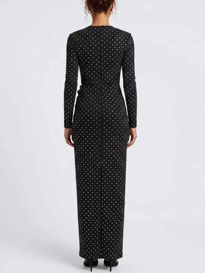 Crystal Embellished Long Sleeve Black Maxi Dress - Dresses