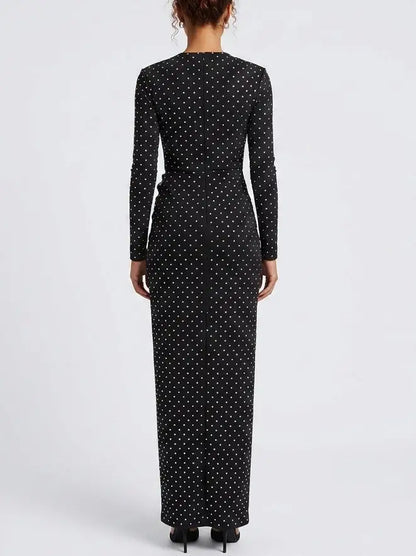 Crystal Embellished Long Sleeve Black Maxi Dress - Dresses