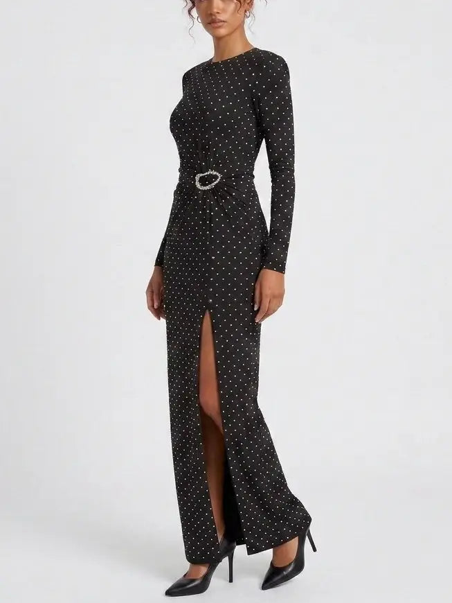 Crystal Embellished Long Sleeve Black Maxi Dress - Dresses