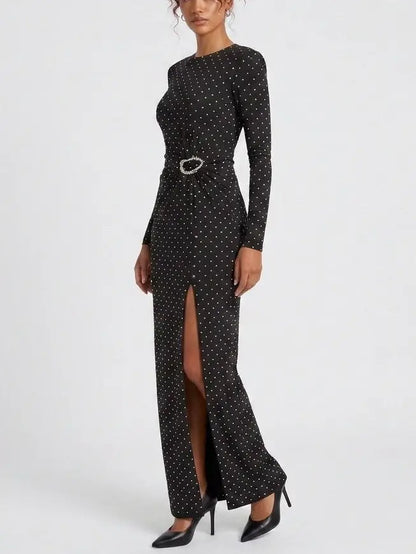 Crystal Embellished Long Sleeve Black Maxi Dress - Dresses