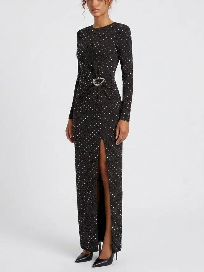 Crystal Embellished Long Sleeve Black Maxi Dress - Dresses